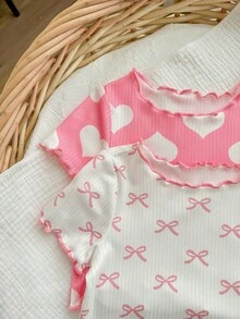 4pcs Baby Girl Heart & Star Pattern Ruffle Trim Knit Comfy Soft Pajama Set, Crew Neck Short Sleeve & Pants,Kids - Multicolor - View 4
