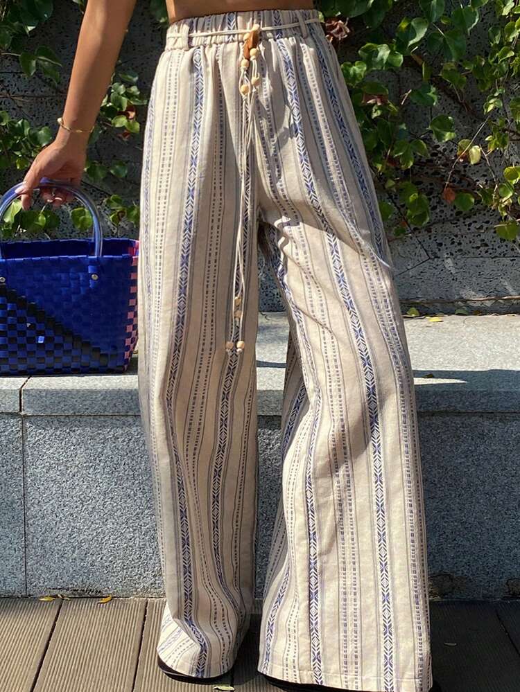 Women's Casual Vacation Beach Striped Tie-Up Loose Long Dress, Suitable For Spring And Summer