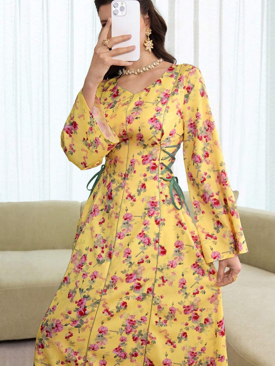 Al Najma Đầm dài tay buộc dây in hoa toàn thân kiểu Ả Rập, kiểu dáng maxi Kaftan Jalabiya dáng chữ A thanh lịch, thích hợp cho tiệc tối/đám cưới/kỷ niệm.