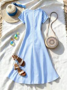 Franclia Holidaya Women's Elegant Blue And White Stripe Maxi Dress,Summer Casual Vacation Holiday Coastal Beach Short Sleeve Bow Pocket Loose Gowns Cover Ups - Blue - View 5
