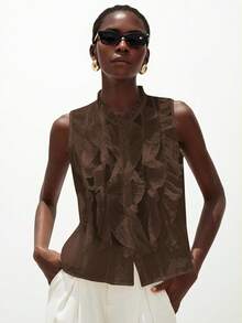 Aveloria Modichic Blusa elegante, romántica y versátil para mujer, de cuello con volantes de tul texturizado y sin mangas - Café integral - Ver 1