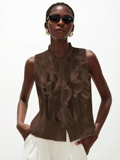 Aveloria Modichic White Textured Sheer Layered Ruffle Collar Sleeveless Elegant Romantic Versatile Blouse For Women