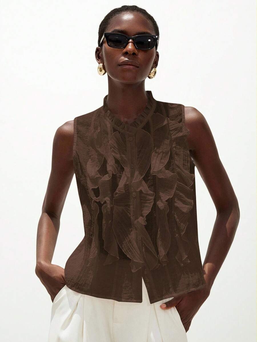 Aveloria Modichic Blusa elegante, romántica y versátil para mujer, de cuello con volantes de tul texturizado y sin mangas - Café integral - Ver 1