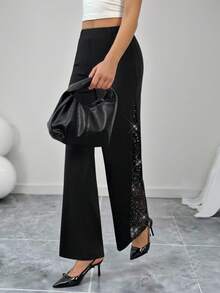 SHEIN Tall Pantalones rectos negros elegantes de malla y brillo para mujer, aptos para ir al trabajo, uso casual y diario, primavera/verano - Negro - Ver 5