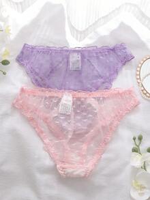 Lavender & Soft Pink Heart Mesh Patchwork Bow French Romantic Frill Trim Triangle Panties - Multicolor - View 2