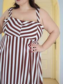 Pretty and Ole 女士优雅无袖条纹中长连衣裙，夏季 - 咖啡棕 - 查看 3