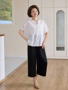 Vivie Lora Women's Solid Color V-Neck Loose Half-Placket Batwing Short Sleeve Blouse - White - View 8