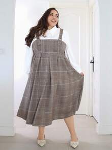 Pretty and Ole 加大码女式法式优雅格子背带裙，适合日常外出，可作为上衣分层穿着，经典简约时尚，令人赏心悦目 - 咖啡棕 - 查看 4