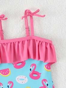 Infant & Baby GirlCute Flamingo Print Knit Fabric Swimsuit Set With Swimming Cap, Suitable For Summer Vacation Swimming - Pink - View 5