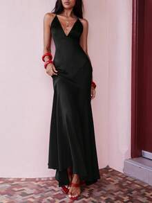 Opulessa Women's Solid Color Deep V Neck Backless Dress,Summer Dresses For Women - Black - View 5