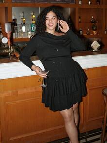 SHEIN MOD Plus Size Glitter Asymmetrical One Shoulder Cake Mini Dress,Long Sleeve Bodycon Black Autumn Girlism Night Out Club Starry Print Fitted Layered Dress - Black - View 5