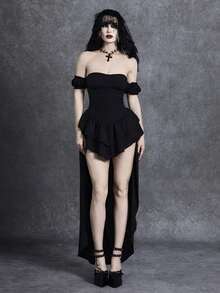 Glisette Vestido elegante con hombros descubiertos, volantes en el bajo y corte asimétrico para primavera/verano 2026 - Negro - Ver 4