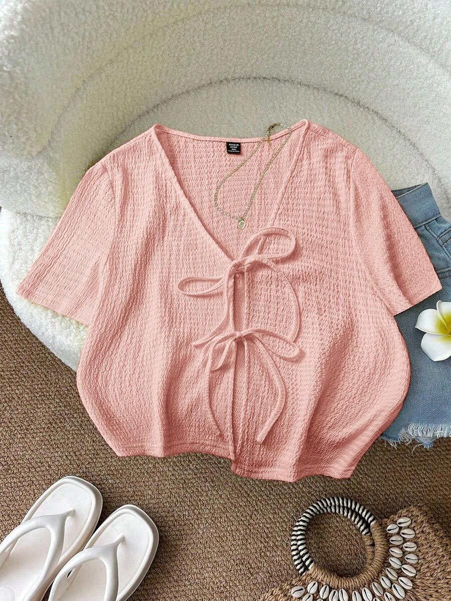 SHEIN LUNE 大码女式夏季休闲纯色系带衬衫 - 珊瑚粉 - 查看 1