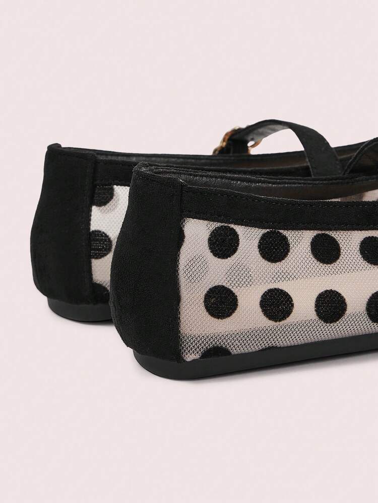 CUCCOO DOLLMOD Women Shoes Black And White Polka Dot Mesh Square Toe Mary Jane Shoes, Flat Metal Buckle, Retro Sweet And Cool Commuting Dating Elegant Shoes - Black and White - View 4