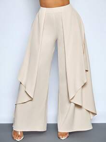 SOLERSUN Women's Elegant Layered Irregular Hem Flowy Low-Waisted Trousers - Apricot - View 3