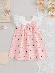 Souflis Souflis 1件女婴圆领荷叶袖白色粉色格子水果樱桃印花蝴蝶结装饰无袖A字连衣裙，休闲夏季日常穿着、旅行、派对、生日装 - 粉色 - 查看 3