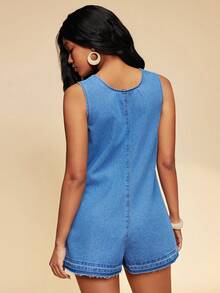 Travachic Women's Round Neck Button Half Placket Dual Pocket Casual Sleeveless Denim Romper - Medium Wash - View 4