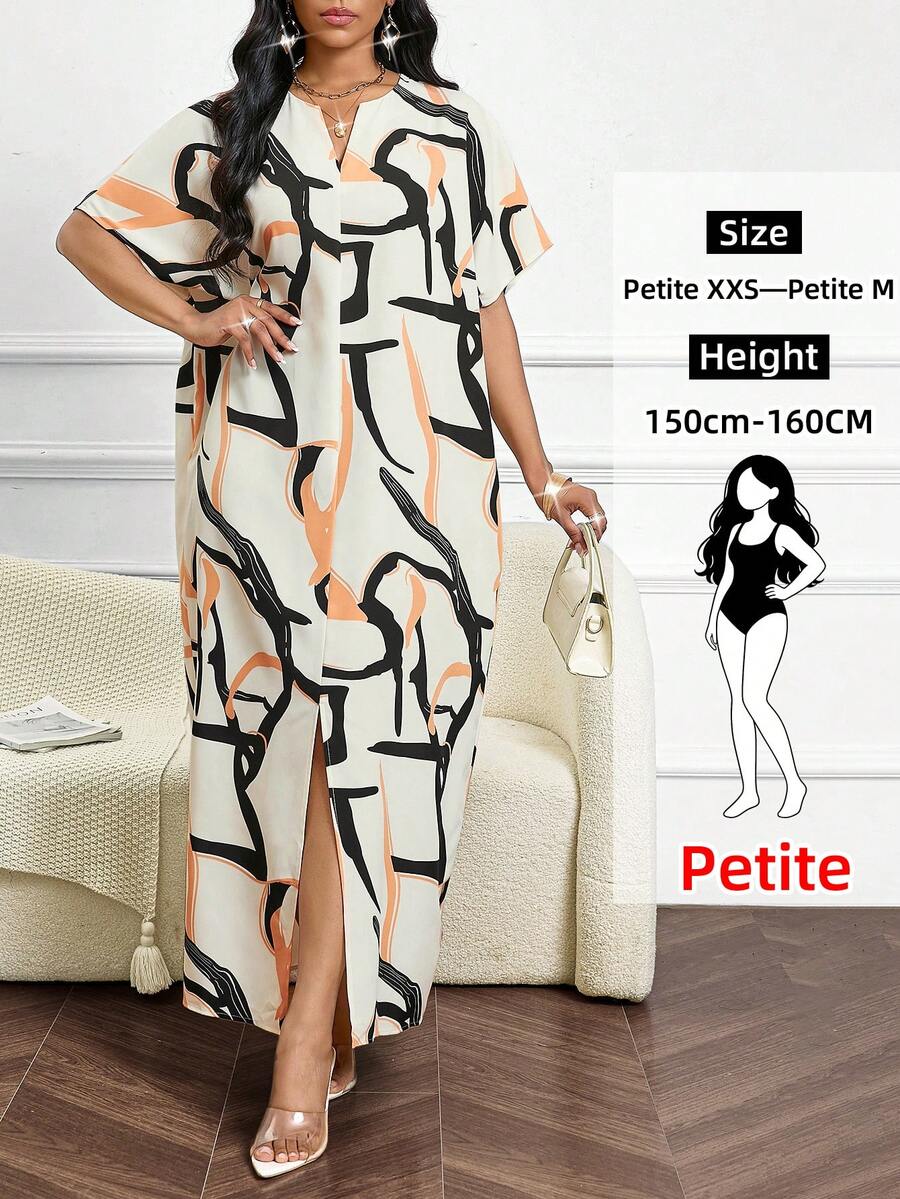 SHEIN Lady Petite Summer Fashion Commuter Full Print Batwing Sleeve Dress - Multicolor - View 1