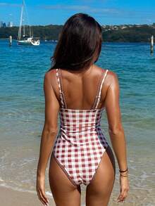 Swim Mod Women's Plaid One-Piece Swimsuit With Spaghetti Straps, Suitable For Beach Vacation, Spring/Summer - Multicolor - View 2