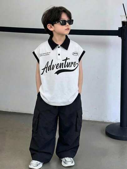 儿童男童休闲舒适拼接 Polo 衫，翻领，字母和图案印花