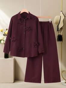 Lacomfia 2pcs/Set Casual Solid Color 3D Floral Decor Long Sleeve Loose Blouse And Elastic Waist Wide Leg Pants, Plus Size, Spring/Autumn - Maroon - View 1