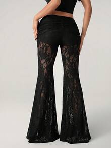 SHEIN ICON Women's Lace Low Waist Front Ruched Flare Pants, Sheer Sexy For Outing - Black - View 2