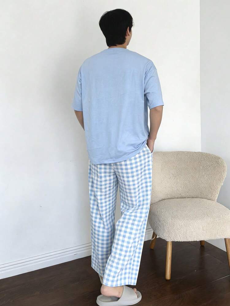 Men's Summer Letter Print T-Shirt And Plaid Pants Pajama Set