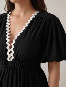 Juhart 大码女式梭织常规早春休闲舒适通勤深V短袖拼接白色蕾丝收腰长款黑色连衣裙 - 黑色 - 查看 9