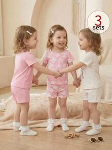 SHEIN 6件套女婴新生儿0-3岁春夏新款可爱兔子纯色条纹T恤短裤套装 - 彩色 - 查看 10