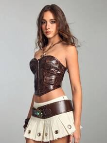 ROMWE Hippie Women's Y2K Western Music Festival Snake Skin PU Fabric Bandeau Crop Top - Brown - View 4