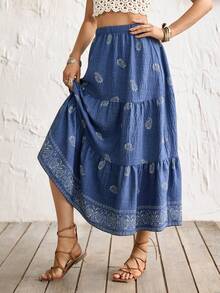 Breezaya 日常度假休闲印花定位花朵，女士春夏半身裙，女士春夏休闲商务装，适合旅行度假，春夏百搭，女士度假装，夏季半身裙灵感。 - 藍色 - 查看 3