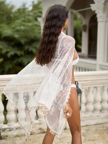 Swim Chiccia 女士蕾丝钩编镂空贝壳流苏边饰罩衫及半身裙套装 - 白色 - 查看 6