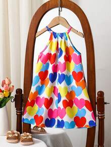 SHEIN Young Girl Woven Heart Pattern Round Neck Sleeveless Casual Dress - Multicolor - View 2
