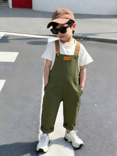 1pc Young Boy Vintage Workwear Style Cargo Pants, Olive Green With Elastic Waist And Adjustable Suspenders, Brown Suspenders And Vintage Button Decor, Straight Leg Thick Cotton Fabric, Suitable For Retro Workwear, Campus, Outdoor, Casual Wear