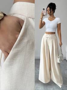 Elenzga Women's Casual Elegant Pleated Design Ankle Length Trousers With Pockets, Suitable For Summer Outings, Dates, New Year, Valentine's Day, Easter, Mother's Day, Music Festivals, Middle Eastern Weddings, Commuting, Romantic Vacations - Apricot - View 1