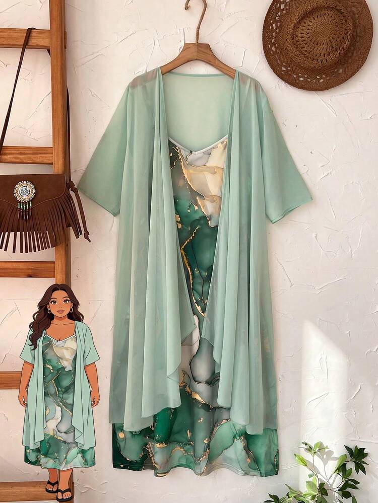 Plus Size Women 2pcs Set: Solid Color Short Sleeve Robe & Marble Print Cami Dress, Casual For Summer/ Vacation Summer Outfits Summer Clothes  Spring  Spring Outfit Women Spring Clothes Country Style For Women  Summer Kimono Boho Kimono Mint Green Dress Women Kimono For Woman