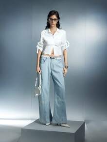 Airlisse Women's Retro High-Waist Long Sleeve Tie Design Button-Up Pleated Fitted Blouse - White - View 1