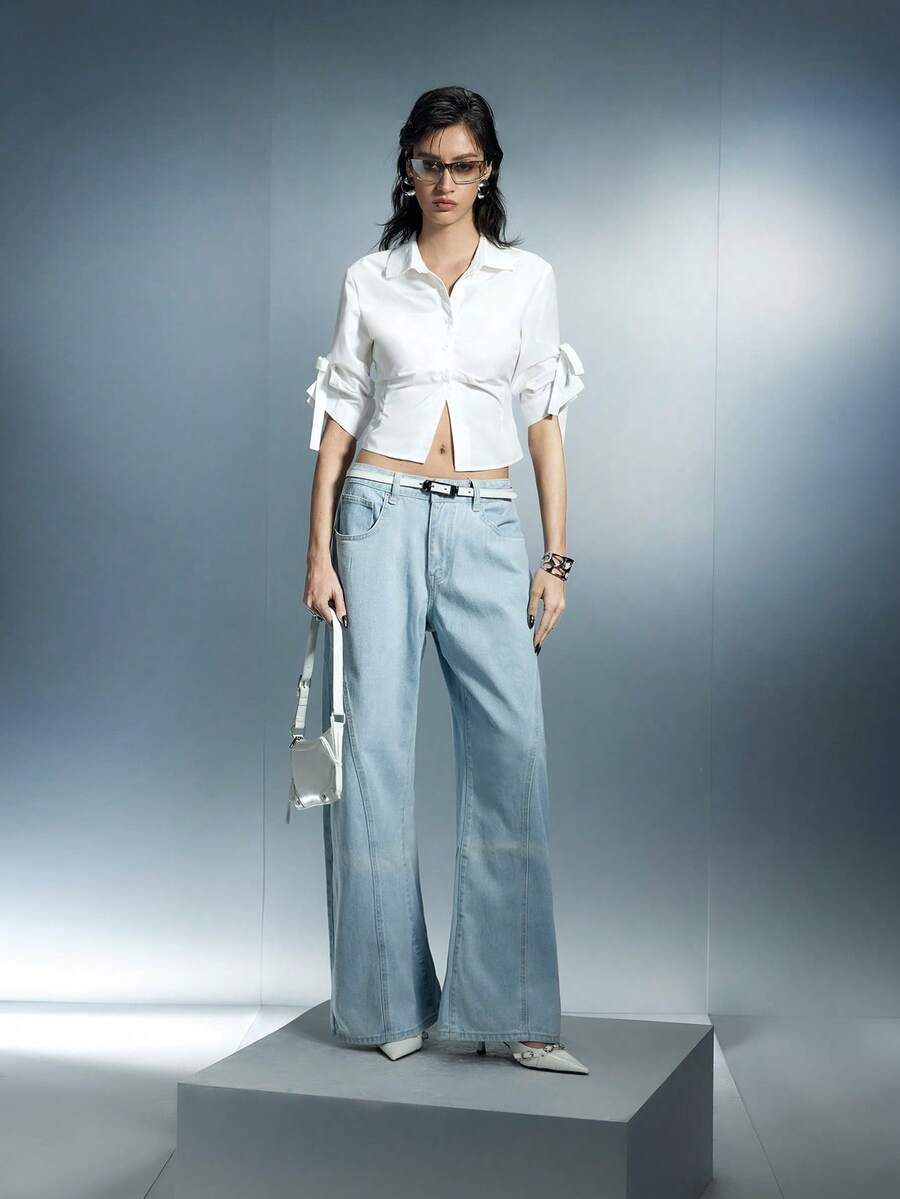 Airlisse Women's Retro High-Waist Long Sleeve Tie Design Button-Up Pleated Fitted Blouse - White - View 1