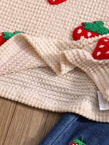 2pcs/Set Tween GirlsKnitted Strawberry Top & Embroidered Denim Pants, Suitable For Summer Wear - Beige - View 6