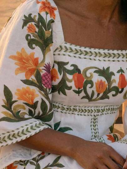 CAJUNI Chic Women's White A Line Short Dress With Square Neckline And Three Quarter Bell Sleeves Tropical Floral Design,Tropical Vacation Cute Short Dress