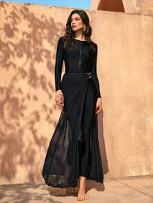 Swim Shayni Women's Modest Black Solid Color Zipper Long Sleeve Top And Long Pants Burkini Set With Skirt,Summer Beach Vacation Wrap Around Dresses For Party - Black - View 1