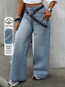 Livesso Women's Casual Loose Straight Leg Jeans, Distressed Design, Vacation Style, Suitable For Spring, Summer, Valentine's Day - Blue - View 1