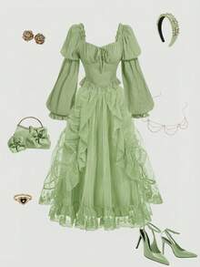 SHEIN MOD Green Lace Mesh Ruffle Hem Gothic Style Mini Skirt - Green - View 2