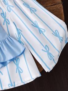SHEIN 2 piezas Conjunto de chaleco con cuello de volantes azul y pantalones largos con estampado de moño para niña - Azul - Ver 7