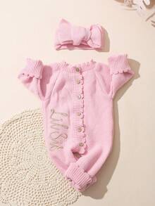 SHEIN 两件套“小妹妹”刺绣新生女婴摄影服，针织连体衣，配蝴蝶结发带，纽扣设计，适合拍照，宝宝回家服 - 粉色 - 查看 4