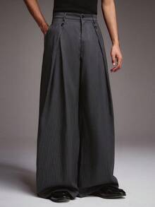 STYNVO Men's Casual Versatile Commuting Wide Leg Pants,Men's Casual Commute Striped Wide Leg Pants Gray Pants Pleated Pants Pinstripe Pants - Dark Grey - View 3