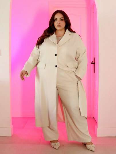 Pretty and Ole 大码女式优雅翻领长款西装外套 + 裤子套装，杏色