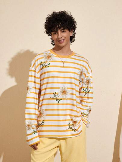 Felipe Marques Camiseta de manga larga con cuello redondo, de corte holgado, con estampado floral y de rayas para hombre. Casual para vacaciones, fiestas, otoño/invierno/primavera, resort de isla bohemio