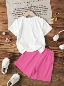 BABY SHARK X SHEIN 女童休闲卡通印花T恤短裤套装，夏季 - 白色 - 查看 2
