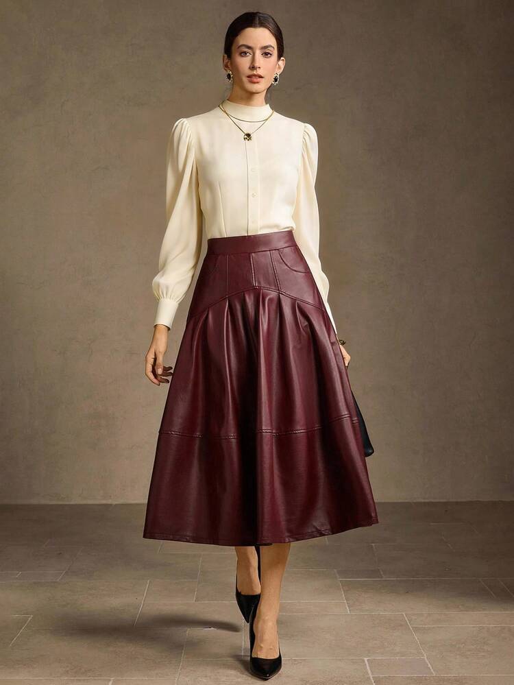 WOMEN'S ENCORE RED PU LEATHER PLEATED A-LINE SKIRT